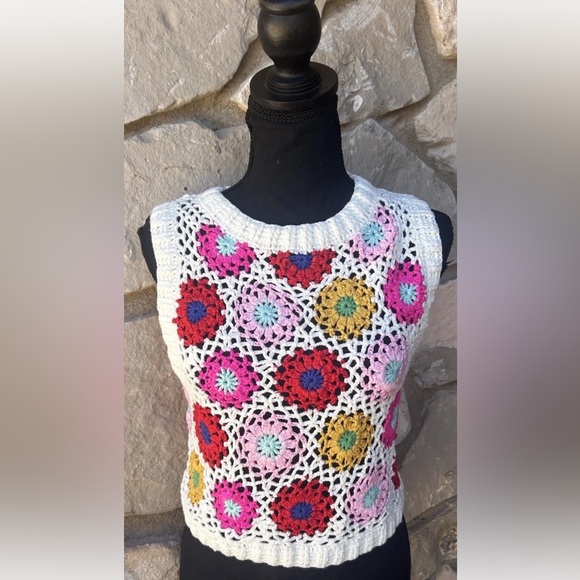 entro Tops - ENTRO Crochet Vest Size Small Boho Hippie Granny Square Multicolor Excellent